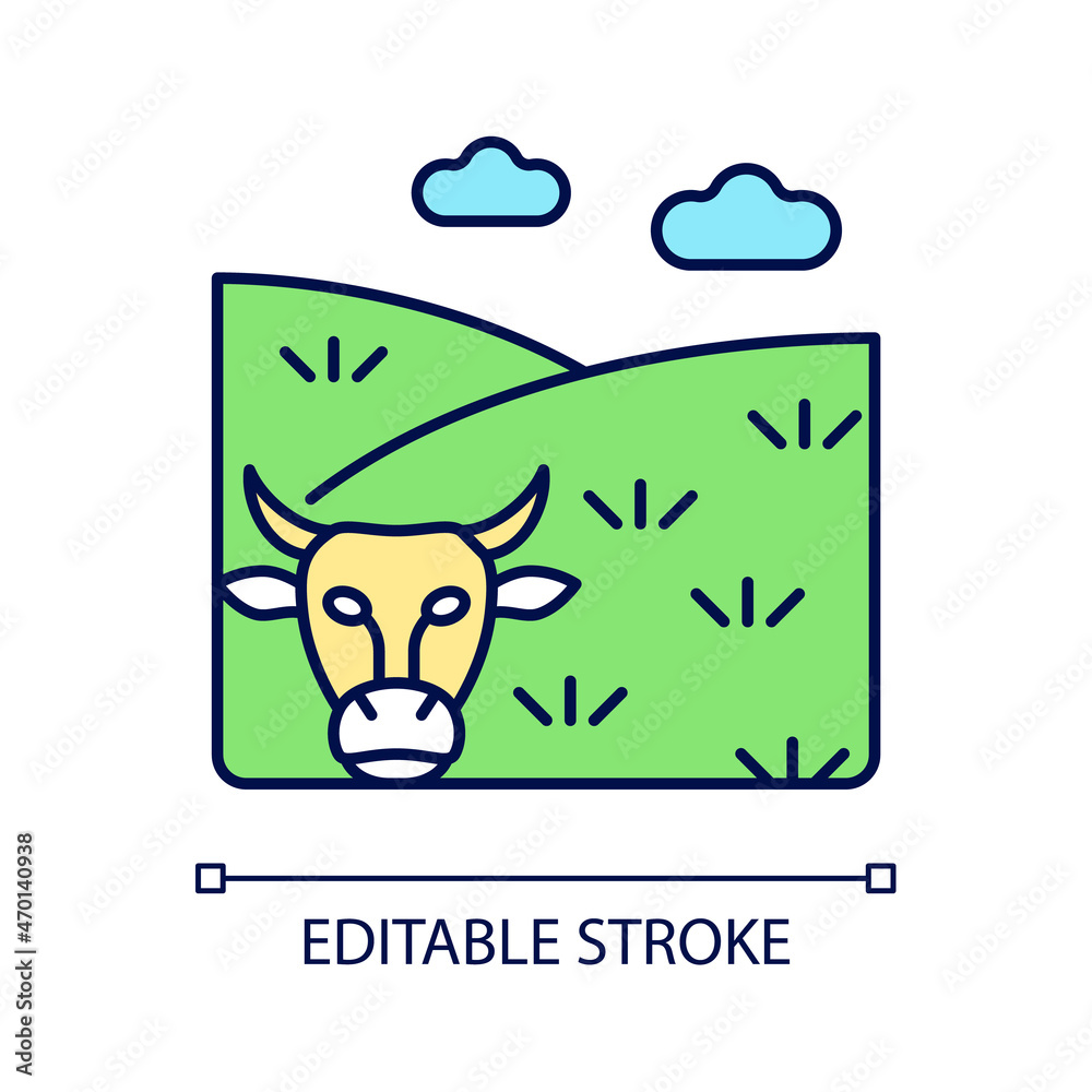 Pasture RGB color icon. Grassland and rangeland. Grass covered land type. Livestock grazing field. Forage plant growing area. Isolated vector illustration. Simple filled line drawing. Editable stroke