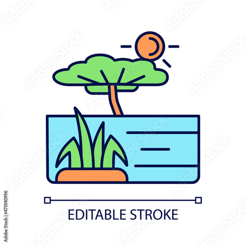 Savanna RGB color icon. African grassland and woodland. Plain tropical land with separated trees. Warm and dry climate region. Isolated vector illustration. Simple filled line drawing. Editable stroke