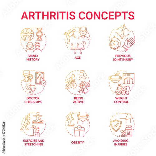 Arthritis red gradient concept icons set. Risk factors and prevention idea thin line color illustrations. Joint and bone disorder. Weight control and fitness. Vector isolated outline drawings