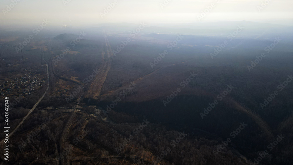 Aerial view of Roads and Railway near to Hill Ridge, Horizon, High, Lap, Antenna