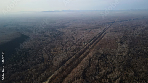 Aerial view of Roads and Railway near to Hill Ridge  Horizon  High