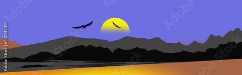 Birds Fly on a Mountain landscape illustration