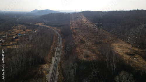 Aerial view of the Railroad Bend and Highway, Mountain Ridge, Lap in Autumn © Alex