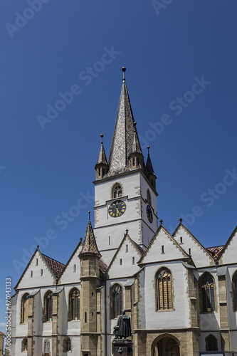 Gothic-style Saint Mary Lutheran Cathedral (Evangelische Stadtpfarrkirche in Hermannstadt, 14th century) in Sibiu city, Transylvania, Romania.