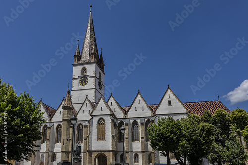 Gothic-style Saint Mary Lutheran Cathedral (Evangelische Stadtpfarrkirche in Hermannstadt, 14th century) in Sibiu city, Transylvania, Romania.