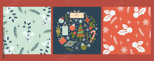 Set of Christmas vintage covers for congratulations.Template with lollipop, holly, toys and gifts. Vector illustration