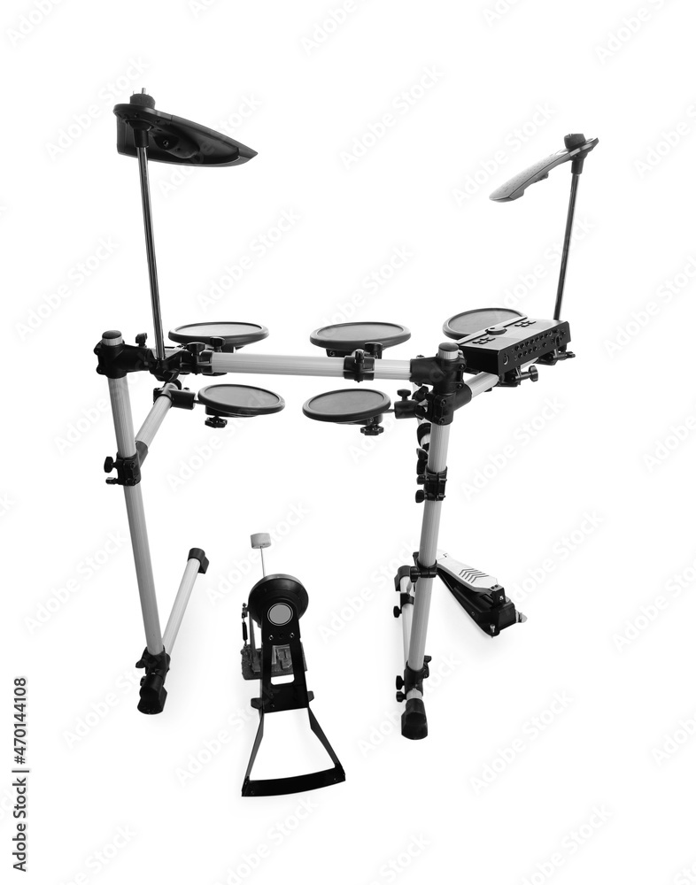 Modern electronic drum kit on white background. Music instrument