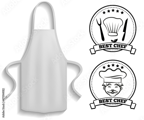 White aprons near cooking symbols. Clothes for work in kitchen, protective element of clothing for cooking. Chef clothing with long straps. Aprons next to icons of kitchen utensil, toque