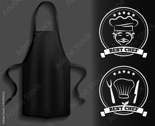 Black aprons near cooking symbols. Clothes for work in kitchen, protective element of clothing for cooking. Chef clothing with long straps. Aprons next to icons of kitchen utensil, toque