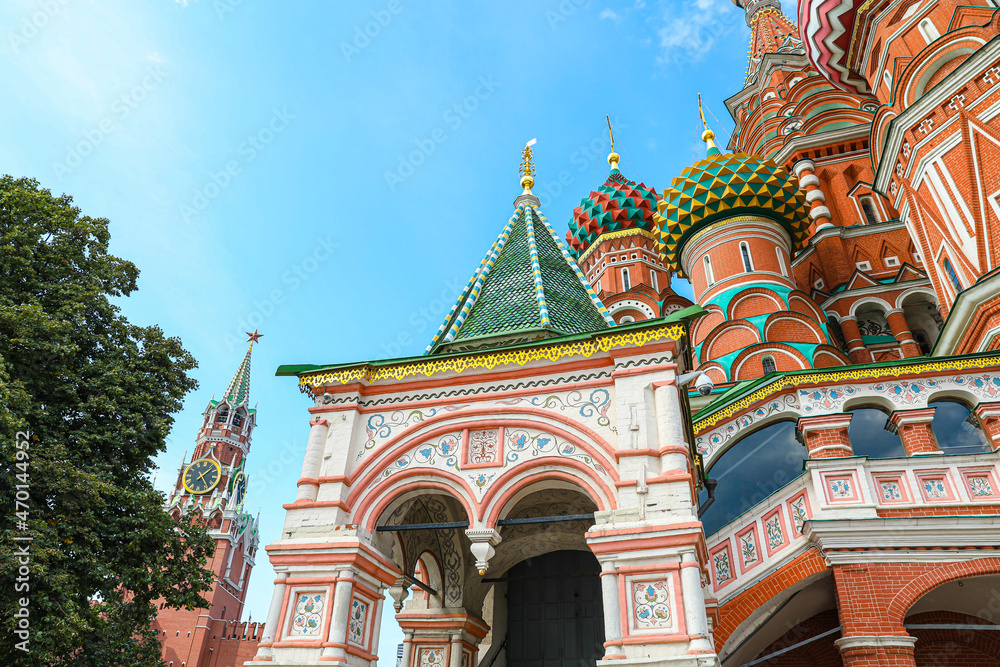 Closeup View St. Basil's Cathedral in Moscow Red Square Cathedral Built in the Sixteenth Century Copy space