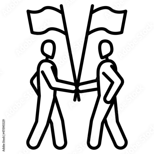 Social conflict, struggle at a rally, confrontation. People with flags are protesting. Vector icon, outline, isolated.