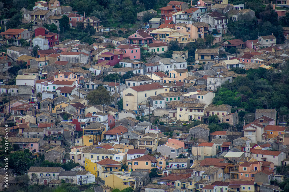 Beautiful close up view of the Liapades village in corfu island greece