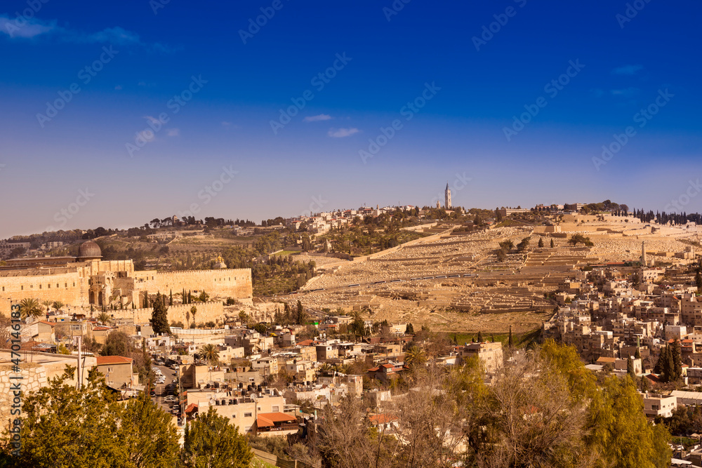 View from Mount Zion to the Mount of Olives with the Jewish cemetery, left the Temple Mount of Jerusalem. Israel, Middle East
