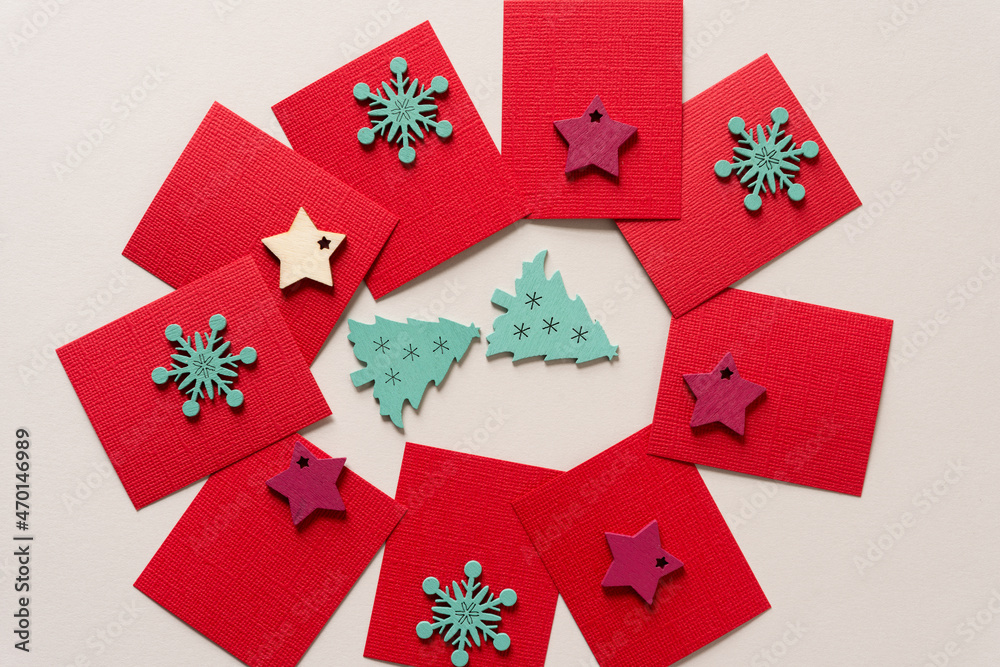set of wooden christmas elements on paper