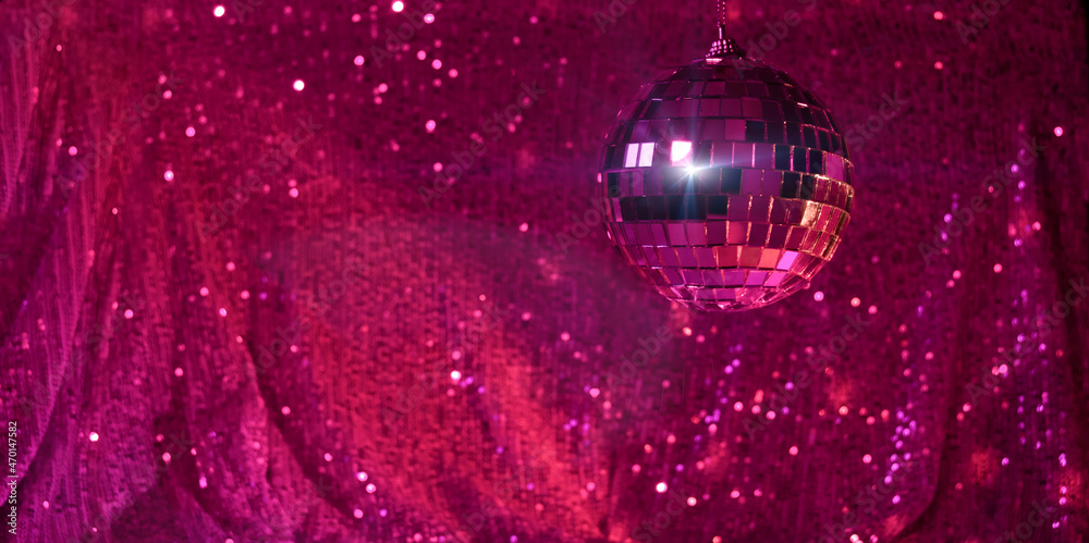 Disco ball on luxury neon pink background with sparkles. Template creative  holiday design, new year, christmas, party Stock Photo