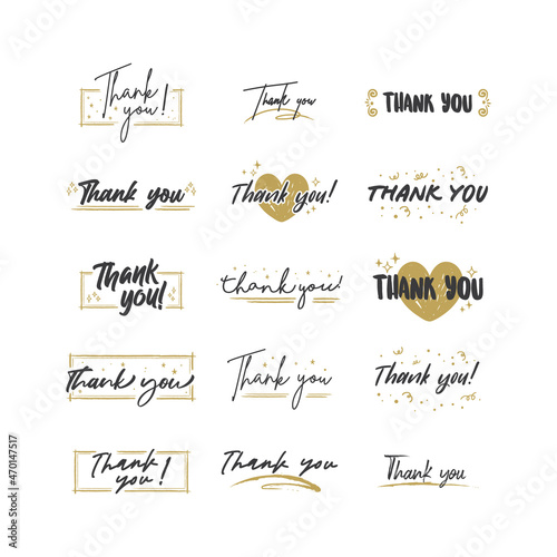 Thank You lettering compositions written with decorative calligraphic font. Bundle of gratitude phrase decorated with cute elements. Hand drawn thanks vector quotes.