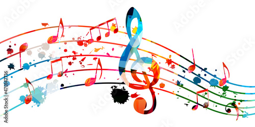 Colorful musical promotional poster with musical notes isolated vector illustration. Artistic background with G-clef for live concert events, music festivals and shows, party flyer template