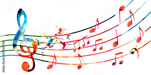Colorful musical promotional poster with musical notes and hummingbirds isolated vector illustration. Artistic background with G-clef for live concert events, music festivals, shows, party flyer