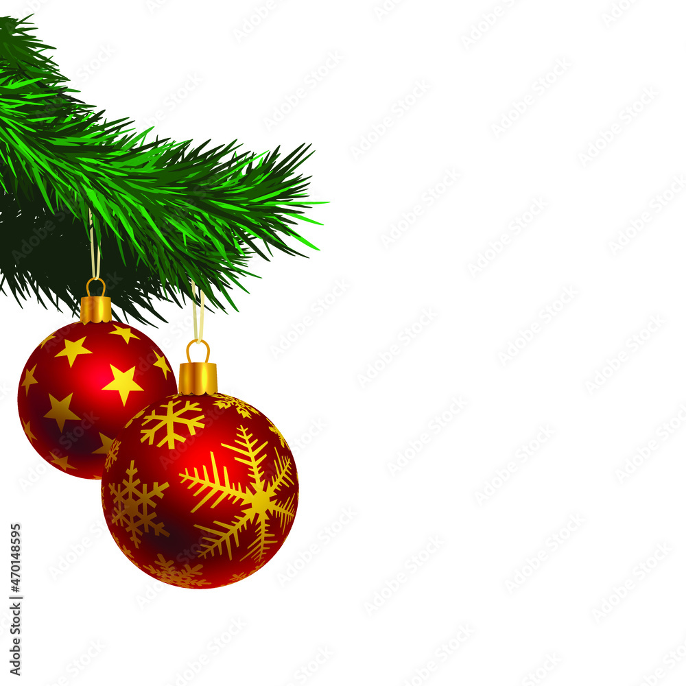 Happy new year greeting card design elements, ribbon with christmas balls, Merry Christmas and Happy New Year, isolated vector graphic illustration.