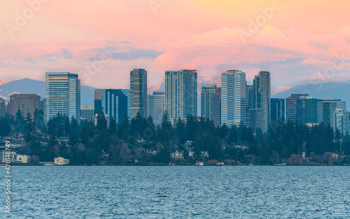 Bellevue Washington City Skyline At Sunset