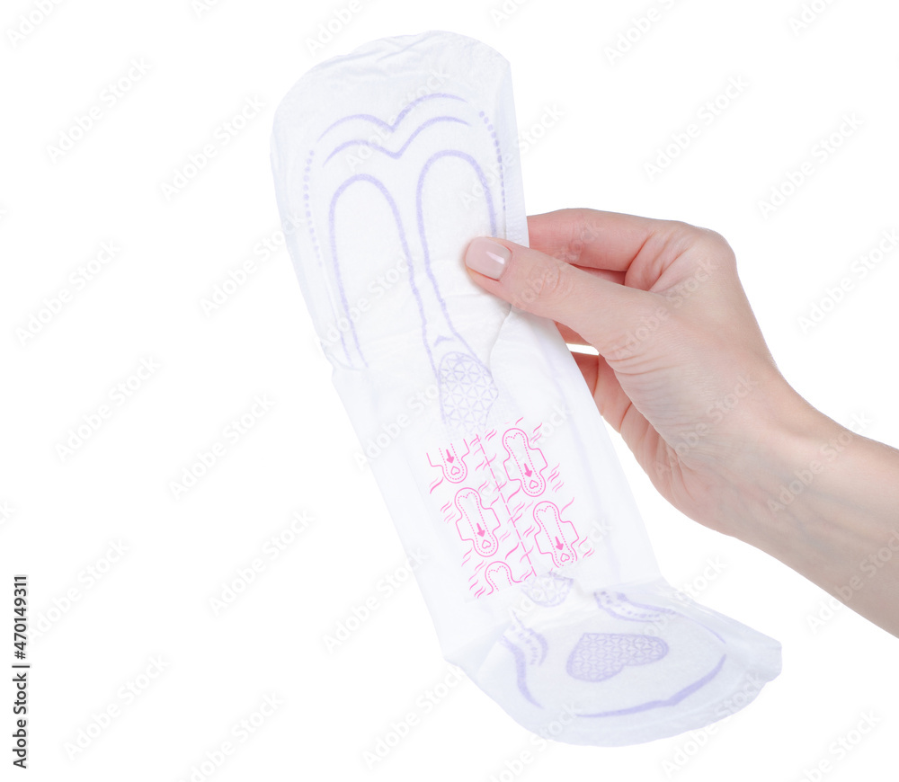 Sanitary napkin menstrual pad in hand on white background isolation Sanitary napkin menstrual pad in hand on white background isolation