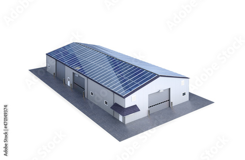 Fototapeta Naklejka Na Ścianę i Meble -  Solar panels on the roof. Hangar made of steel panels. 3d illustration
