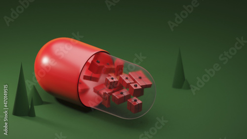 Картината върху платно 3d illustration of red christmas capsule with wrapped presents inside on a green