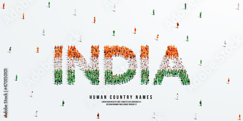 A large group of people stands, making up the word India. India flag made from people crowd. Vector illustration isolated on white background.