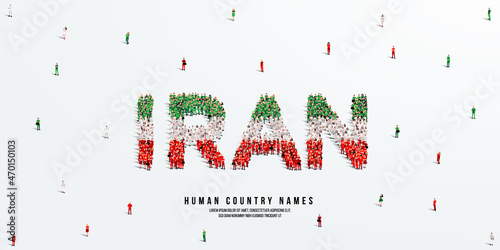 A large group of people stands, making up the word Iran. Iran flag made from people crowd. Vector illustration isolated on white background.