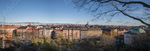 Panorama view over the district Norrmalm from the hill Observatorielunden, roofs of old apartment buildings and churches an sunny autumn day in Stockholm