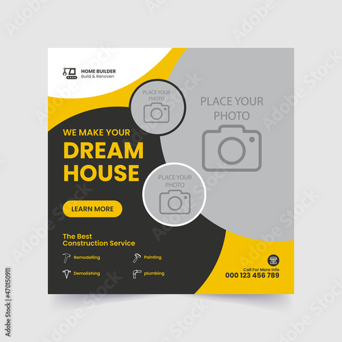 Modern abstract flat corporate real estate construction social media post, Construction handyman home repair flyer social media post amp web banner template design