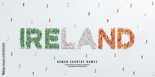 A large group of people stands, making up the word Ireland. Ireland flag made from people crowd. Vector illustration isolated on white background.
