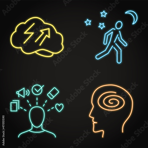 Bipolar disorder, mania or hypomania phase neon icon set