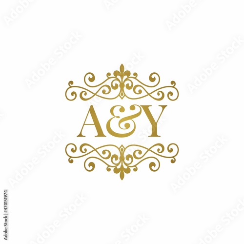 A&Y initials logo ornament gold. Letter AY wedding ampersand or business partner symbol.
