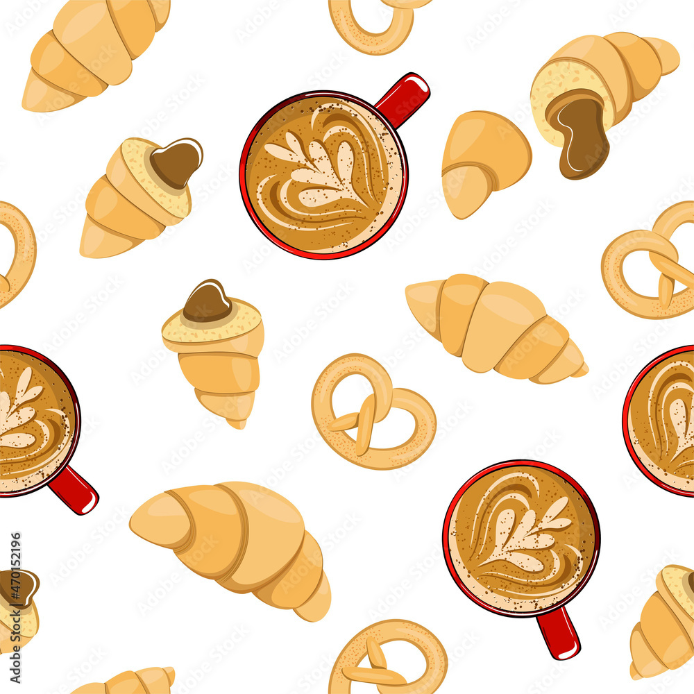 Cup with coffee and croissant. Croissants with chocolate filling, fresh pastries, rolls. Seamless background Cup with coffee and croissant. Croissants with chocolate filling, fresh pastries, rolls. Seamless background