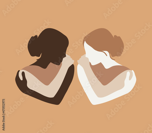 Love yourself. Abstract woman hugging herself, heart shape. Self care, equality and trust concept flat vector illustration.	