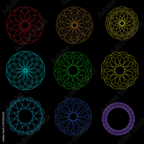 Spirograph patterns set. Twisted lines abstract shapes. Guilloche frames for certificate, diploma, money, official documents watermarks. Guilloche pattern, intricacy line elements, spirograph shapes 
