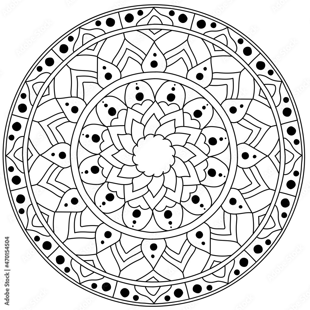 Outline mandala with symmetrical patterns, flower coloring page with dots and curls