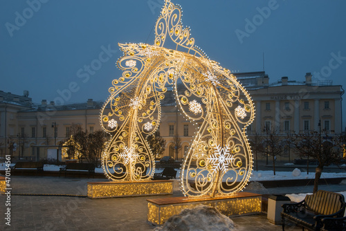 Festive Moscow. New year in Russia. New year's decoration of Moscow streets. Christmas decorations in front of the Bolshoi theater. Misty winter morning in Moscow. Christmas in Russia.