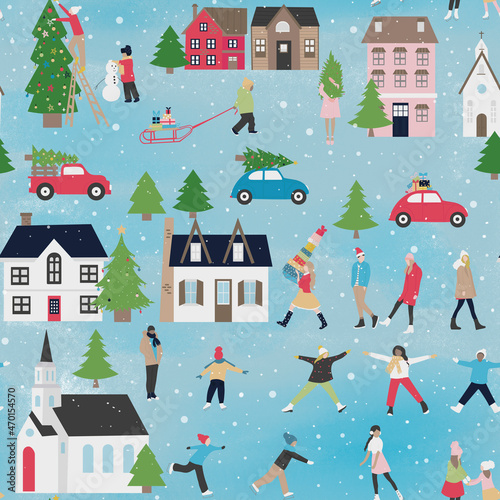 Seamless pattern Cute Christmas landscape in the town with house,car, threes, people walking and kids playing ice skate. Panorama flat design in village on Christmas eve, Holiday background.