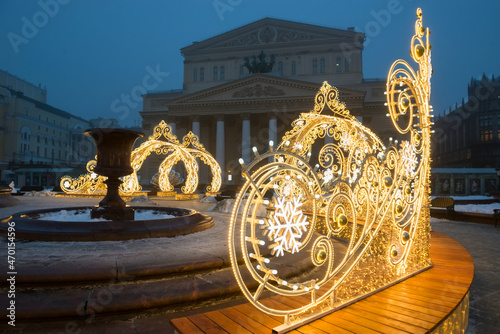 Festive Moscow. New year in Russia. New year's decoration of Moscow streets. Christmas decorations in front of the Bolshoi theater. Misty winter morning in Moscow. Christmas in Russia.