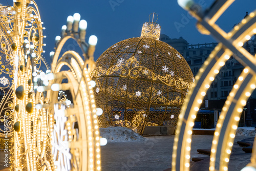 Festive Moscow. New year in Russia. New year's decoration of Moscow streets. Christmas decorations in front of the Bolshoi theater. Misty winter morning in Moscow. Christmas in Russia.