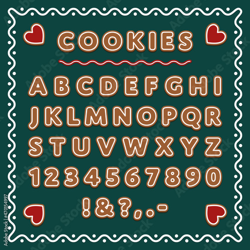 Christmas Gingerbread cookie alphabet, Ginger cookies font, Winter holiday dessert decorated glazed sugar, Cartoon Gingerbread letters and numbers