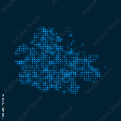 Antigua dotted glowing map. Shape of the island with blue bright bulbs. Vector illustration.