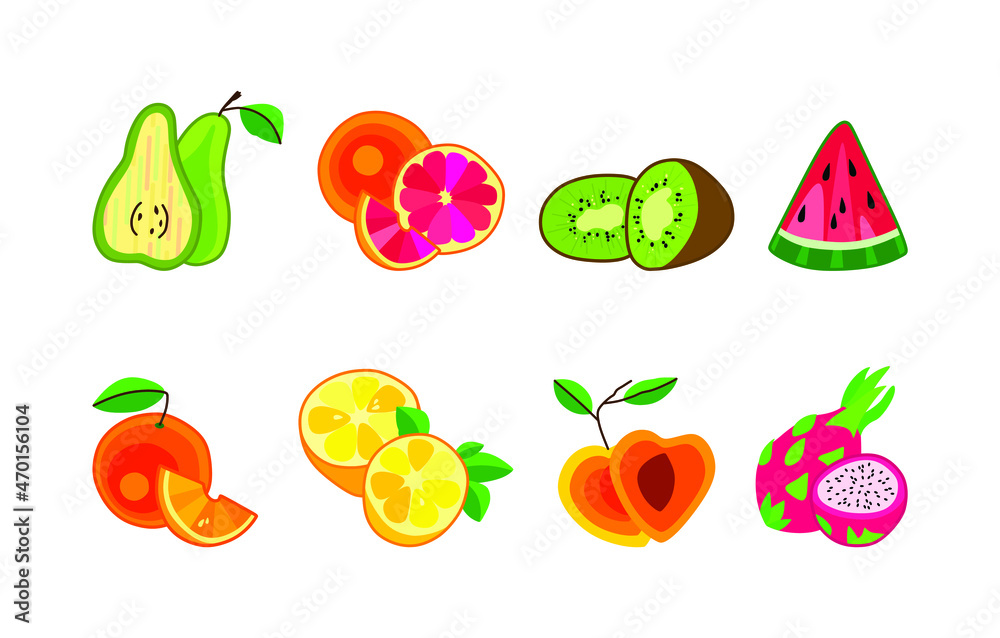 Pear grapefruit peach watermelon orange kiwi lemon dragon fruit mango strawberry on white background. Vector illustration. Collection of fruit and berry icons. Citrus design for fabric and decor Pear grapefruit peach watermelon orange kiwi lemon dragon fruit mango strawberry on white background. Vector illustration. Collection of fruit and berry icons. Citrus design for fabric and decor