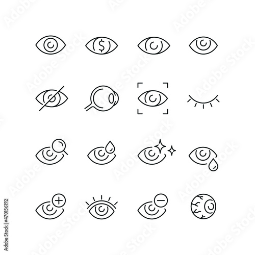 Eye related icons: thin vector icon set, black and white kit