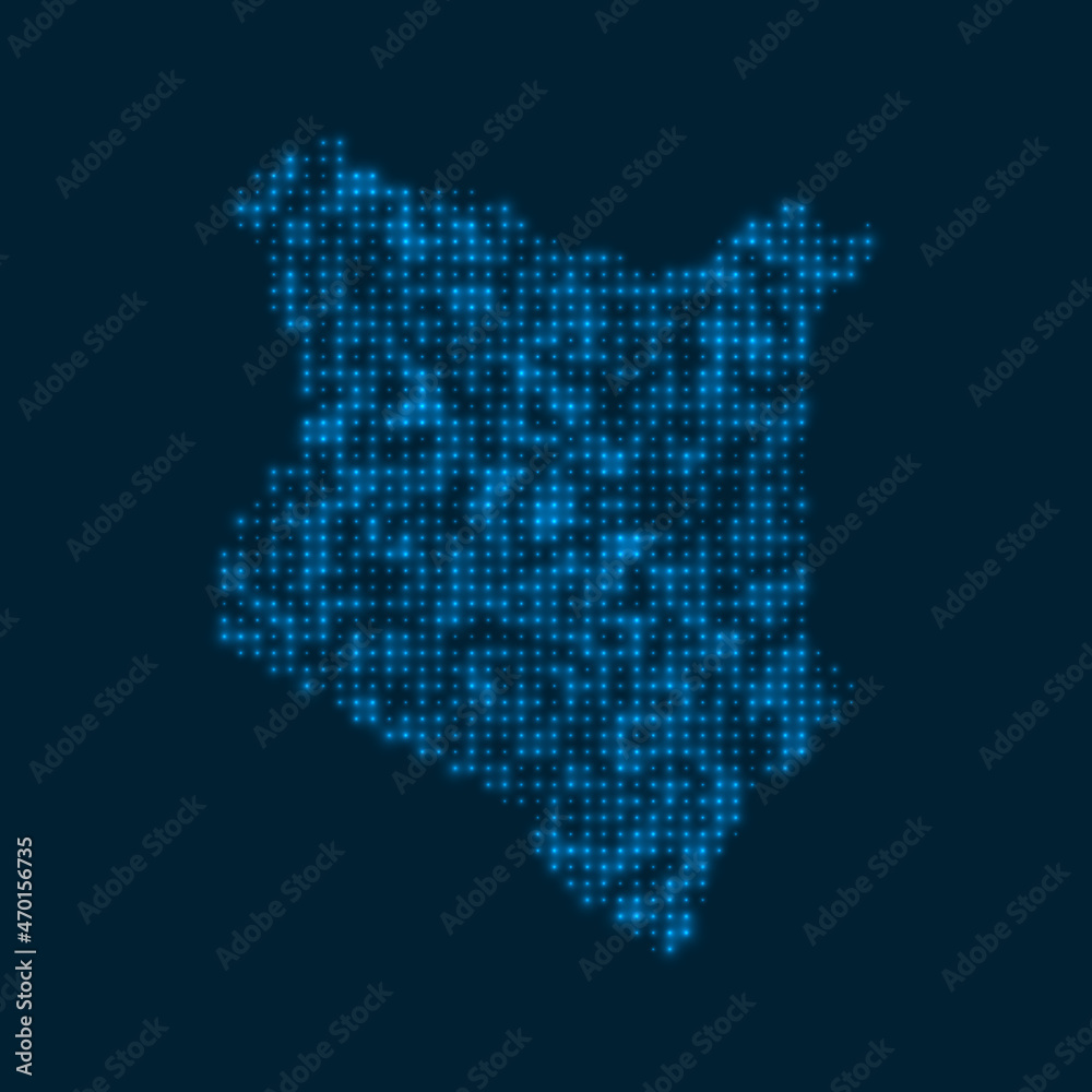 Kenya dotted glowing map. Shape of the country with blue bright bulbs. Vector illustration.