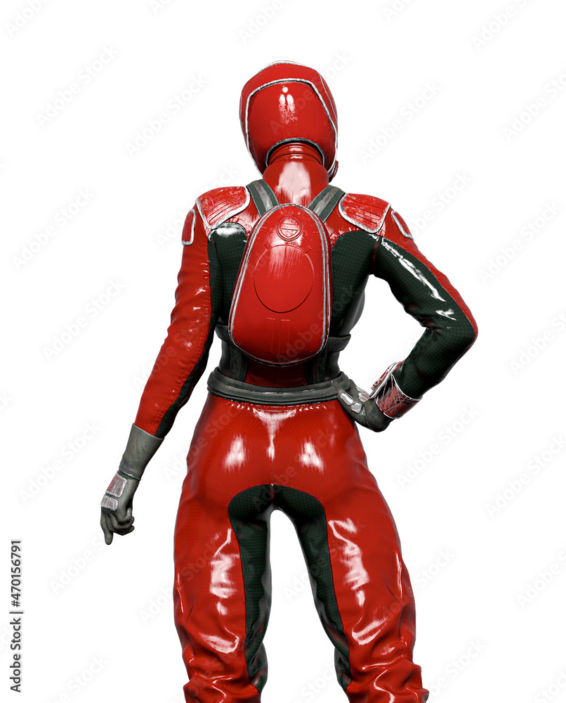 cosmonaut girl is doing a pin up pose rear view on white background cosmonaut girl is doing a pin up pose rear view on white background