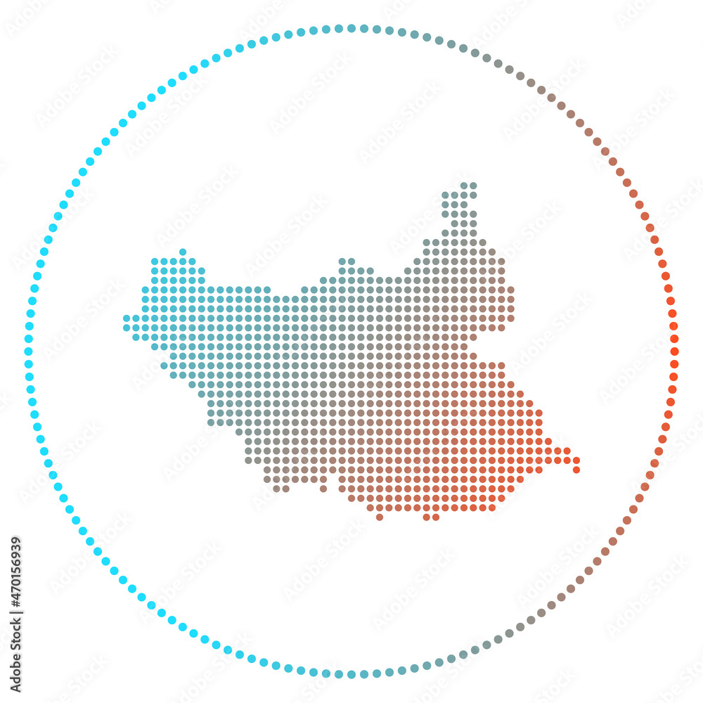 Obraz premium South Sudan digital badge. Dotted style map of South Sudan in a circle. Tech icon of the country with gradiented dots. Superb vector illustration.