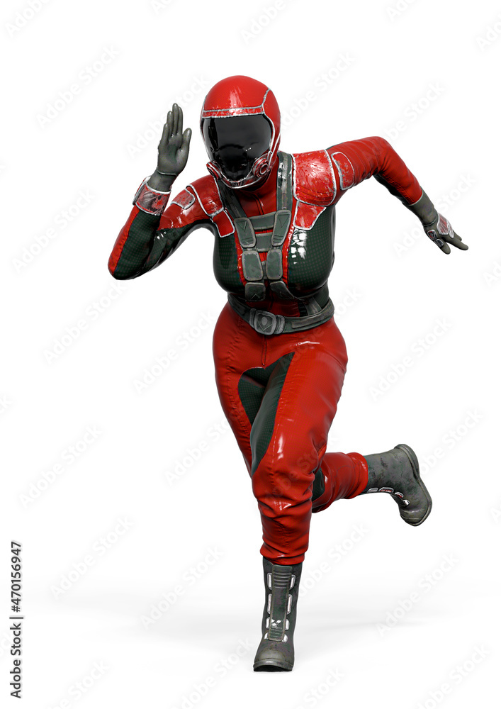 cosmonaut girl is running on white background